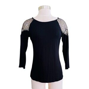 INC International Concepts Women M Black W/Gold Black Lace Pullover Top Blouse